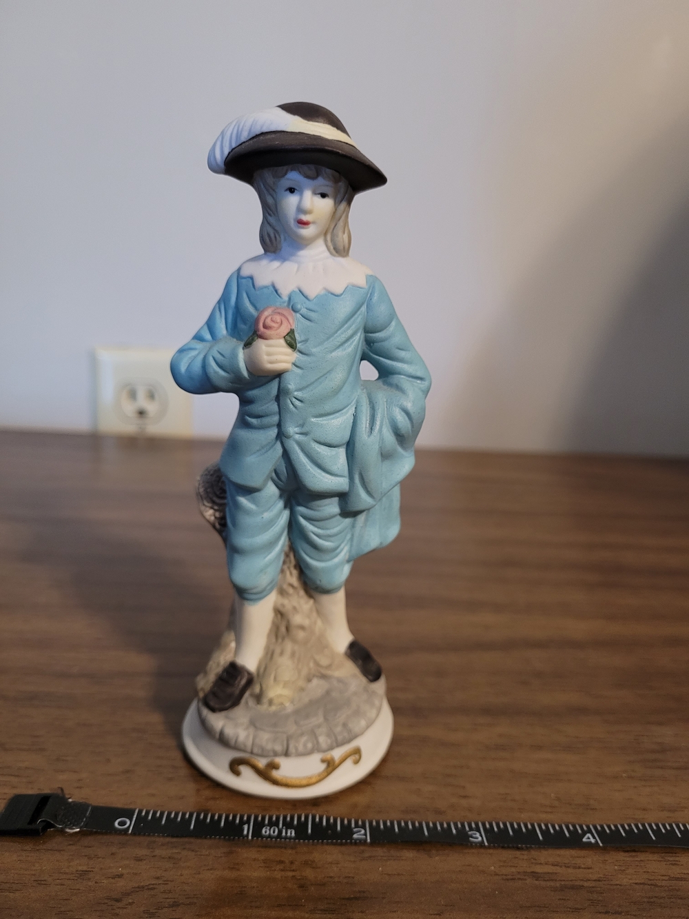 Vintage Blue and White Porcelain Boy Figurine with Pink Rose